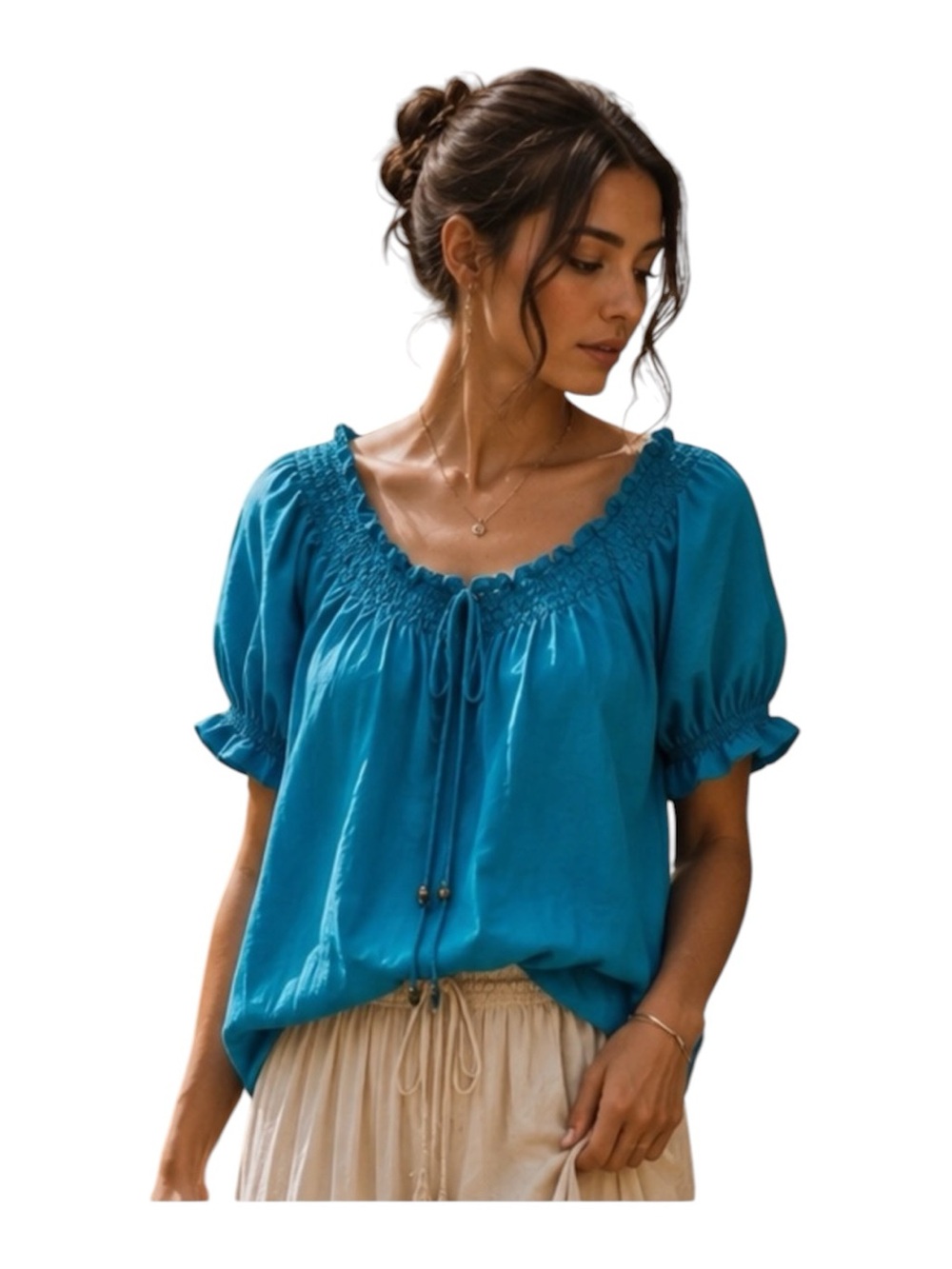 Bill Blass Satin Top Short Puff‎ Sleeve Smocked Ruffle Neck Peasant Blouse Blue